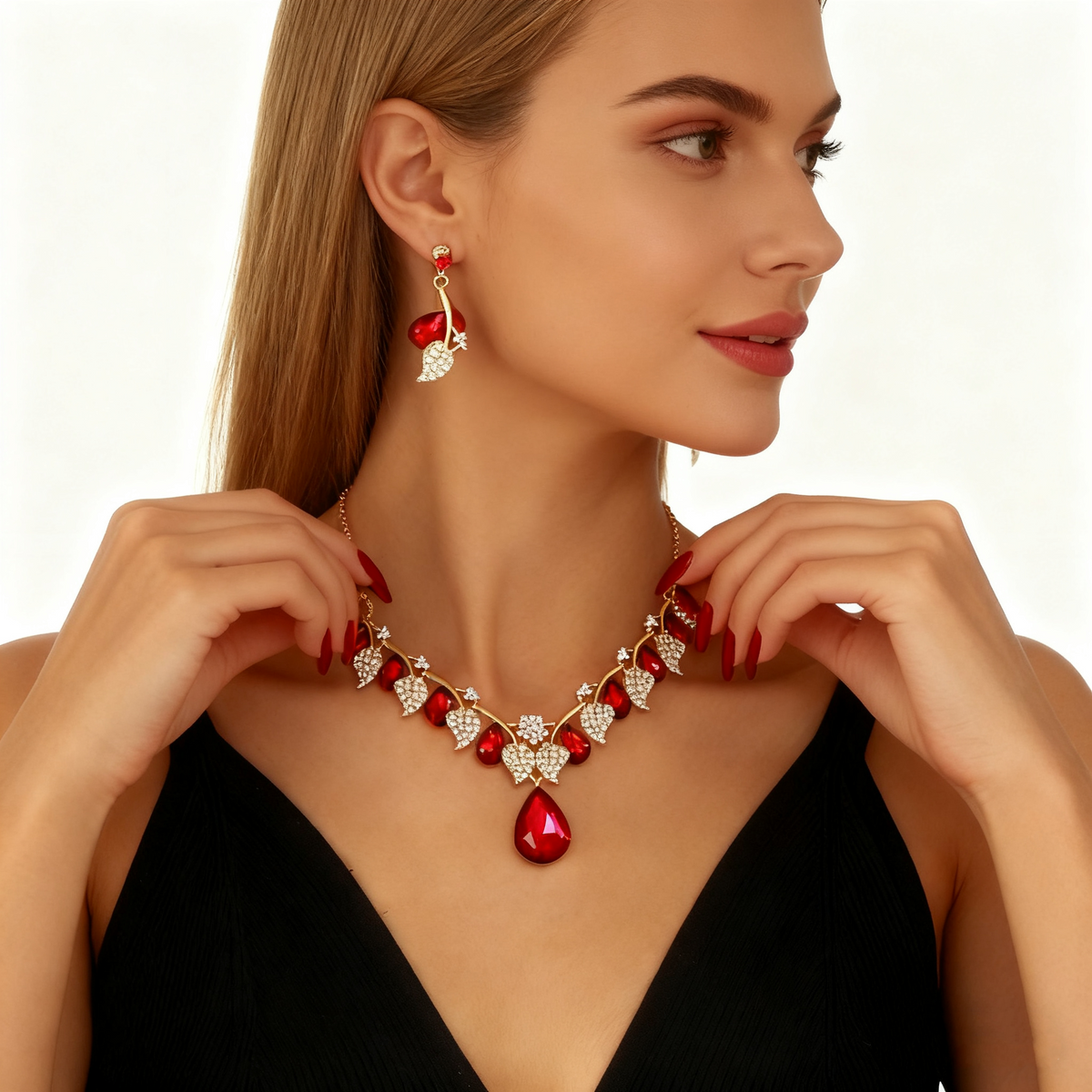 Rode ketting oorbelset met kristal en diamant