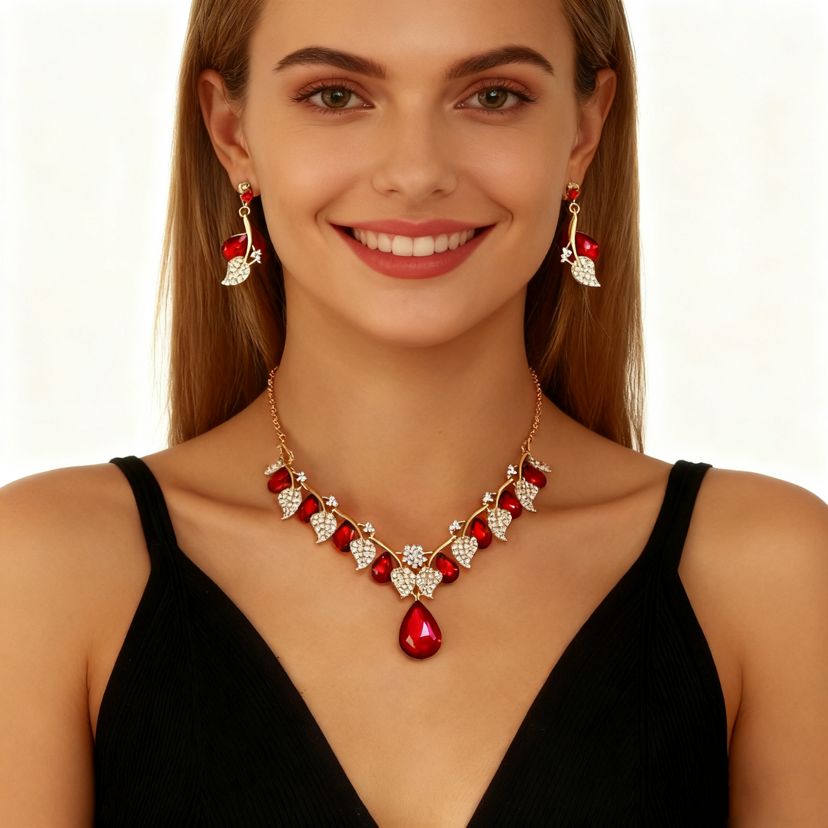 Rode ketting oorbelset met kristal en diamant