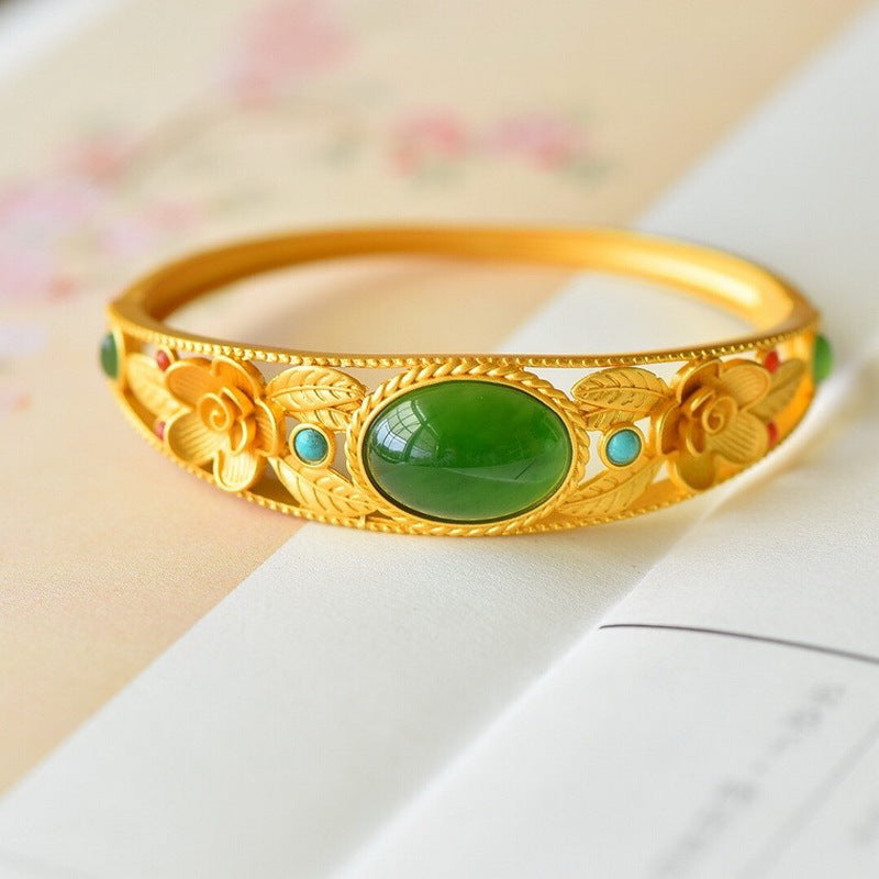 Natuurlijke pruim blad steenarmband met smaragd en jade