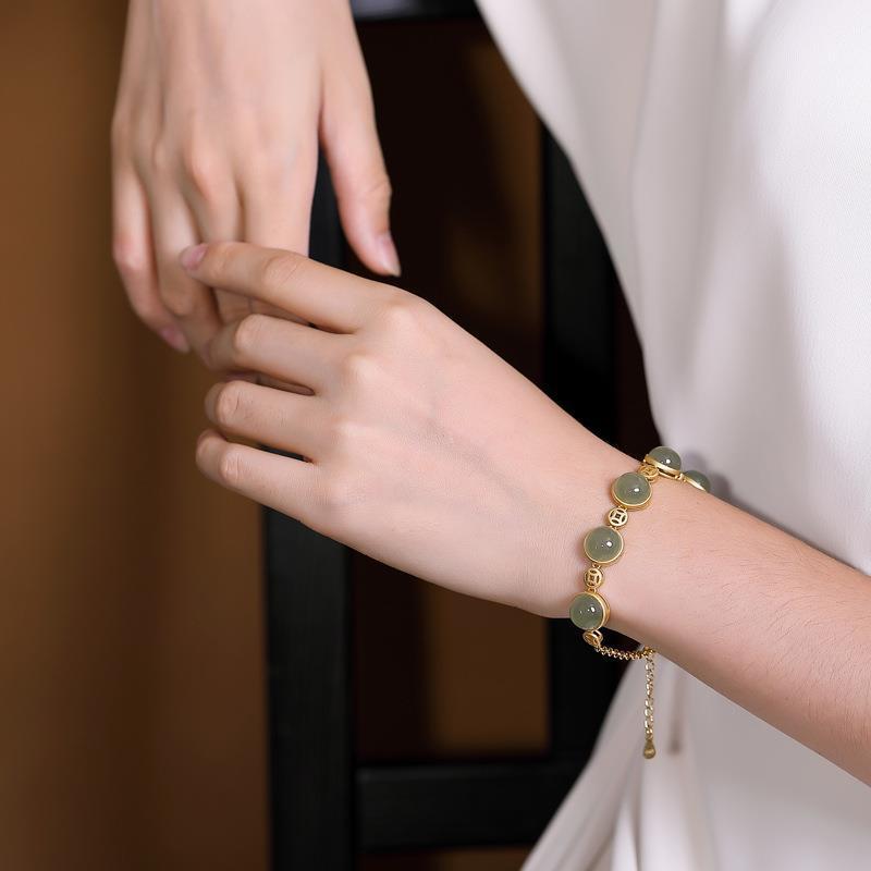 Natuurlijke koperen munt steenarmband met smaragd en jade