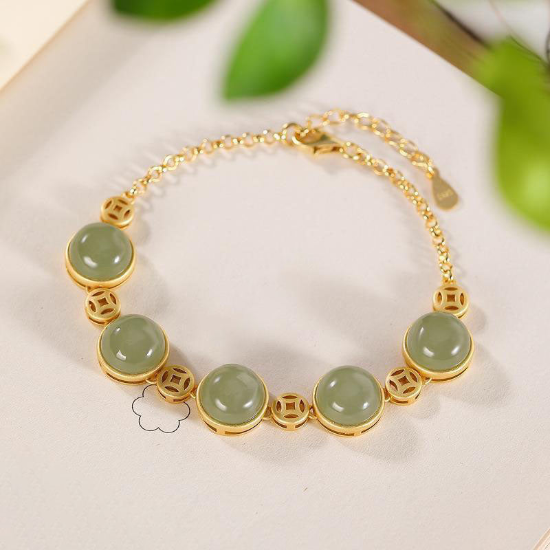 Natuurlijke koperen munt steenarmband met smaragd en jade