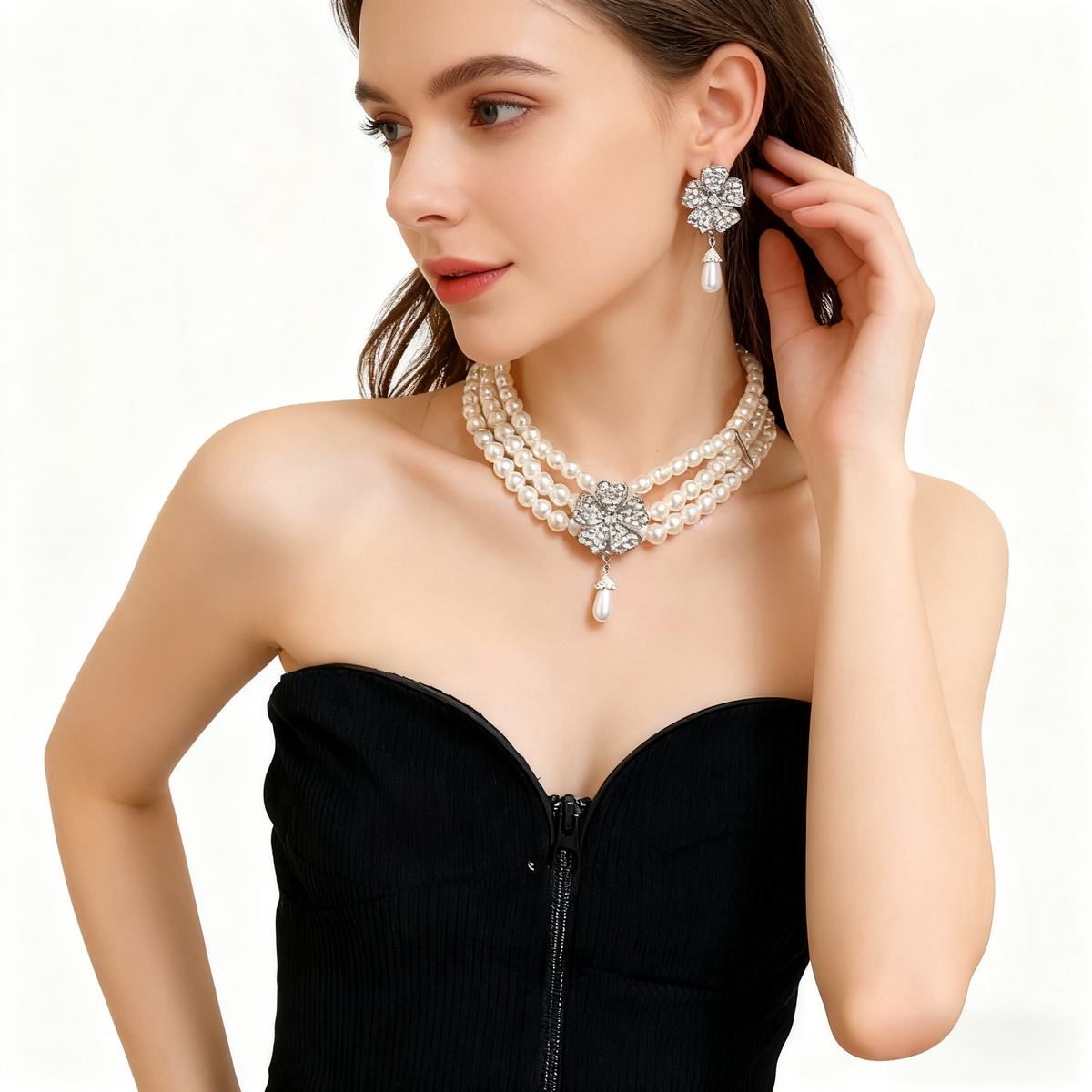 Meerlaagse bloem ketting oorbelset met diamant en parel