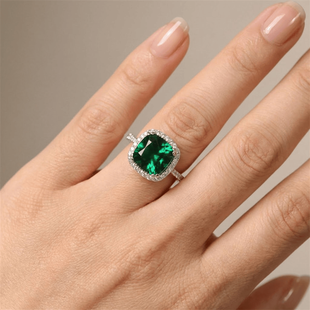 Groene smaragdring met cushion en halo
