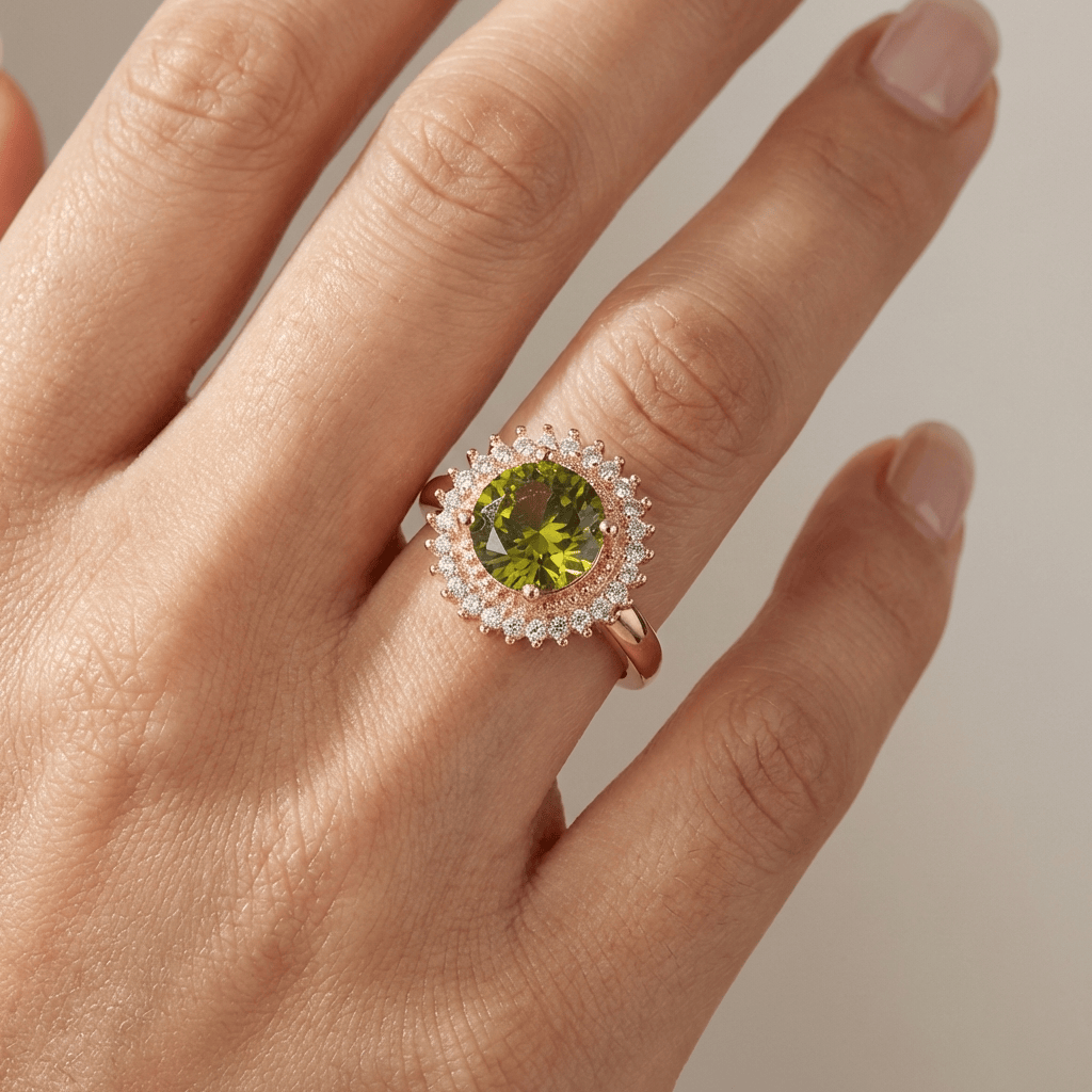 Gouden diamantring met peridoot en halo