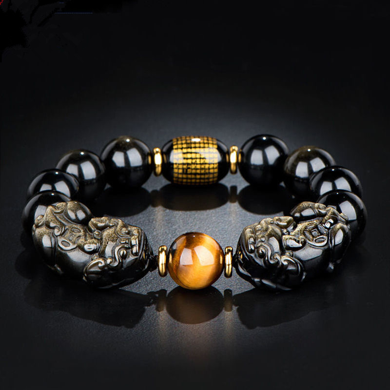 Natuurlijke dubbele gouden pixiu-armband met obsidiaan