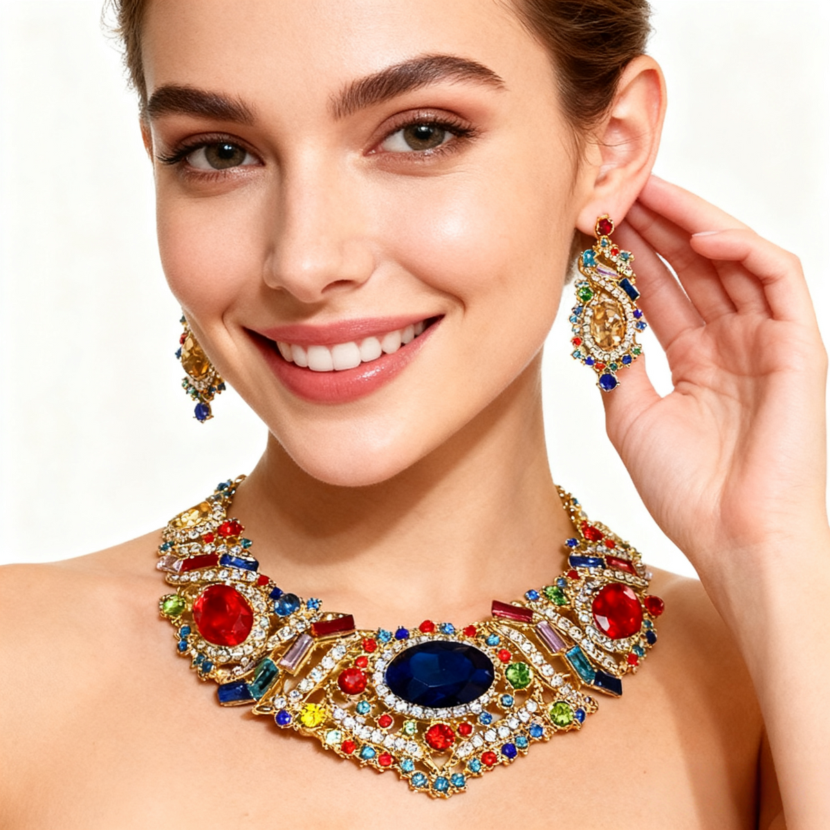 Rode blauwe ketting oorbellenset met agaat en diamant