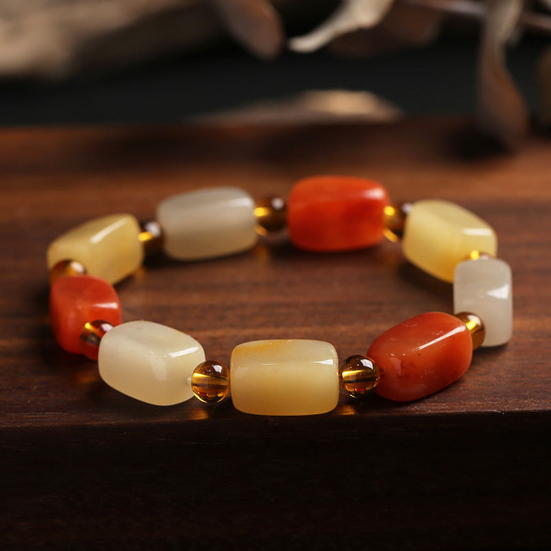 Vierkante lange natuurlijke benen steenarmband met smaragd en jade