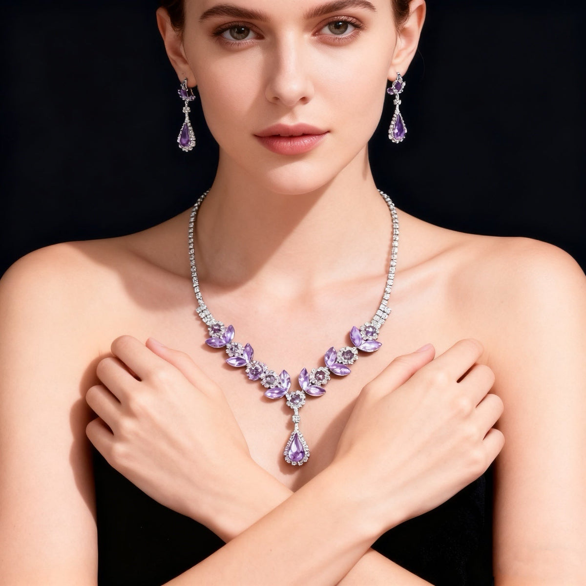 Druppel bloem ketting oorbelset met amethist