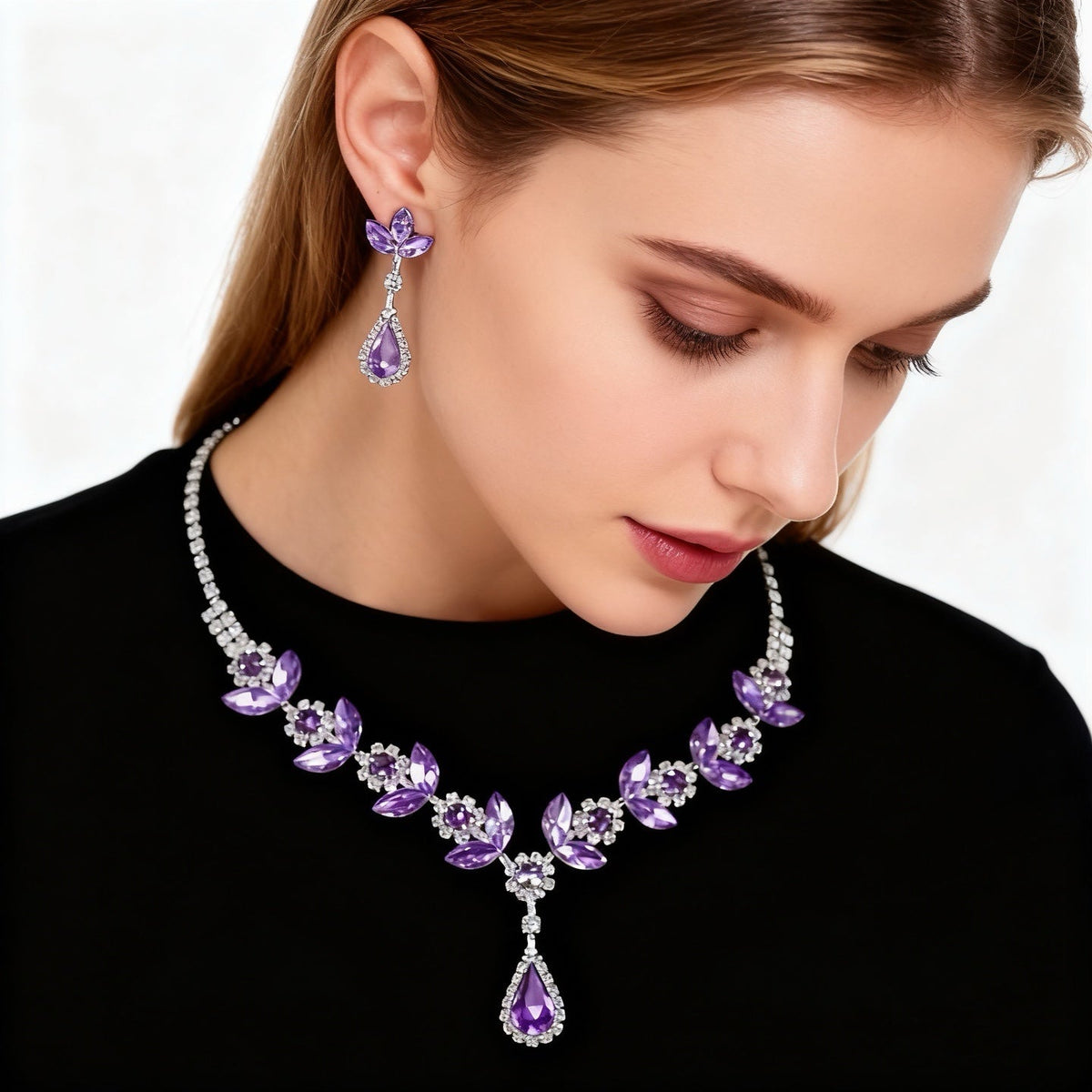 Druppel bloem ketting oorbelset met amethist
