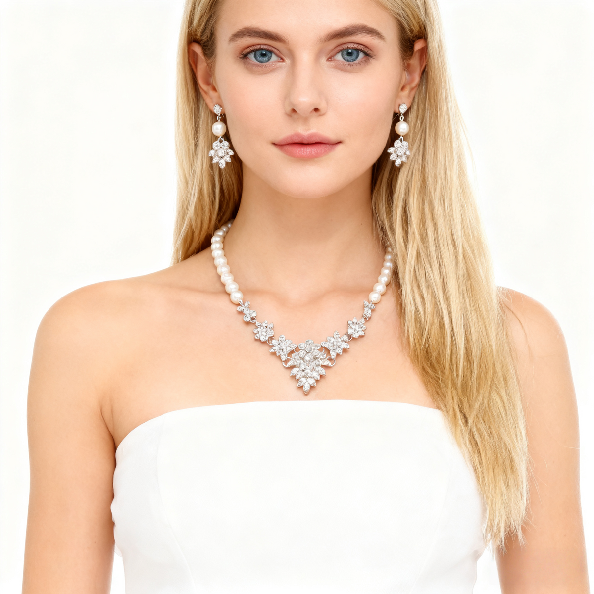 Ketting oorbelset met diamant, parel en cluster