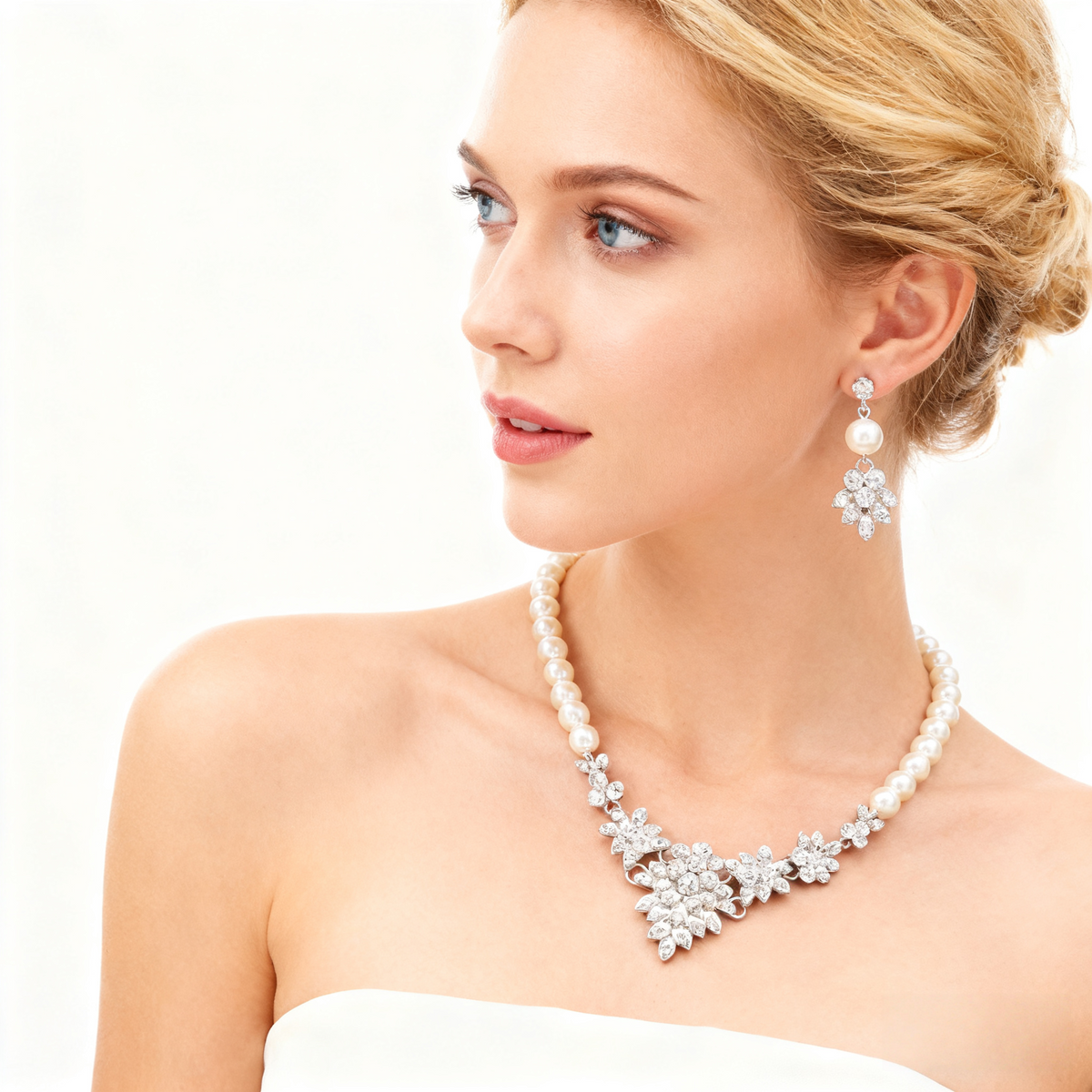 Ketting oorbelset met diamant, parel en cluster