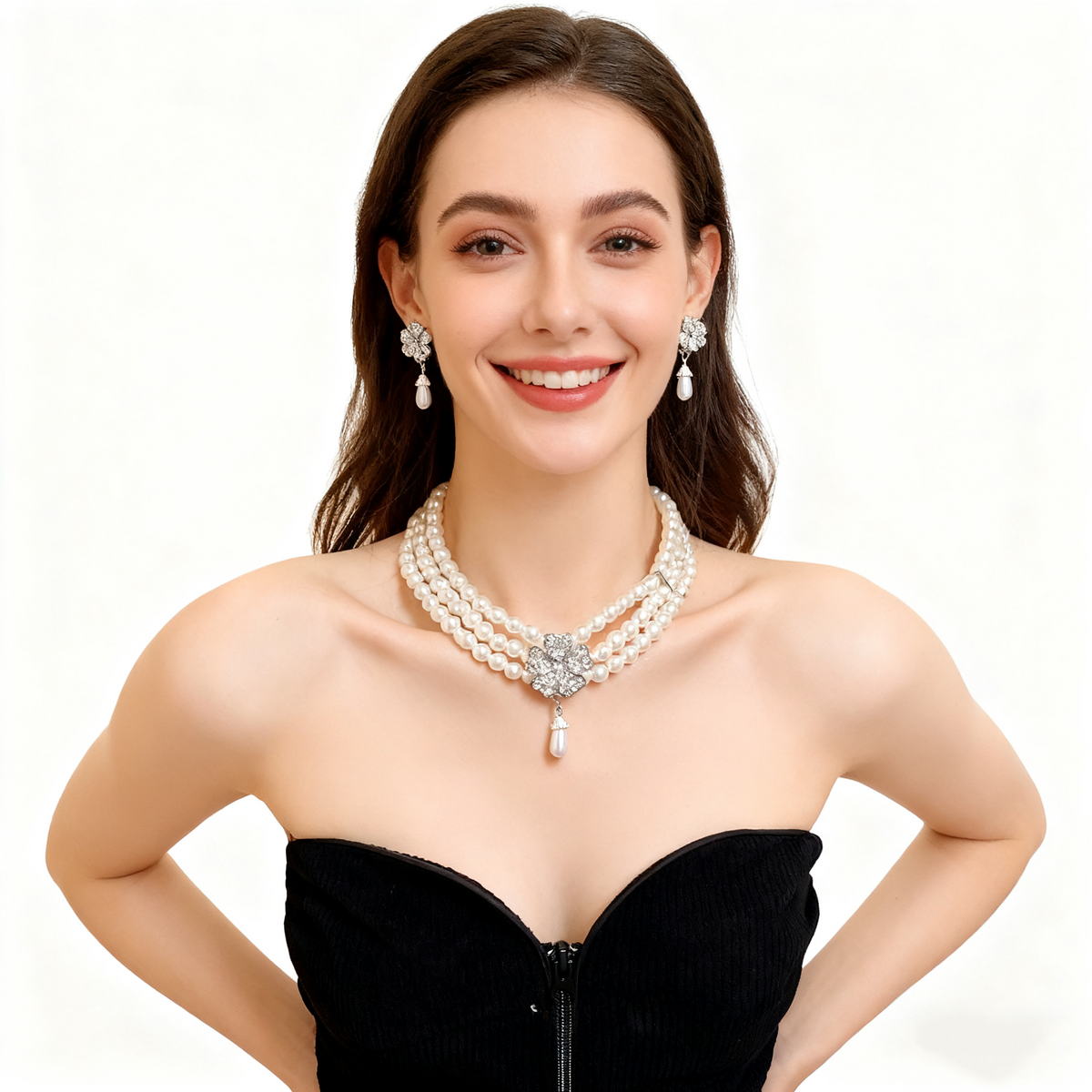 Meerlaagse bloem ketting oorbelset met diamant en parel