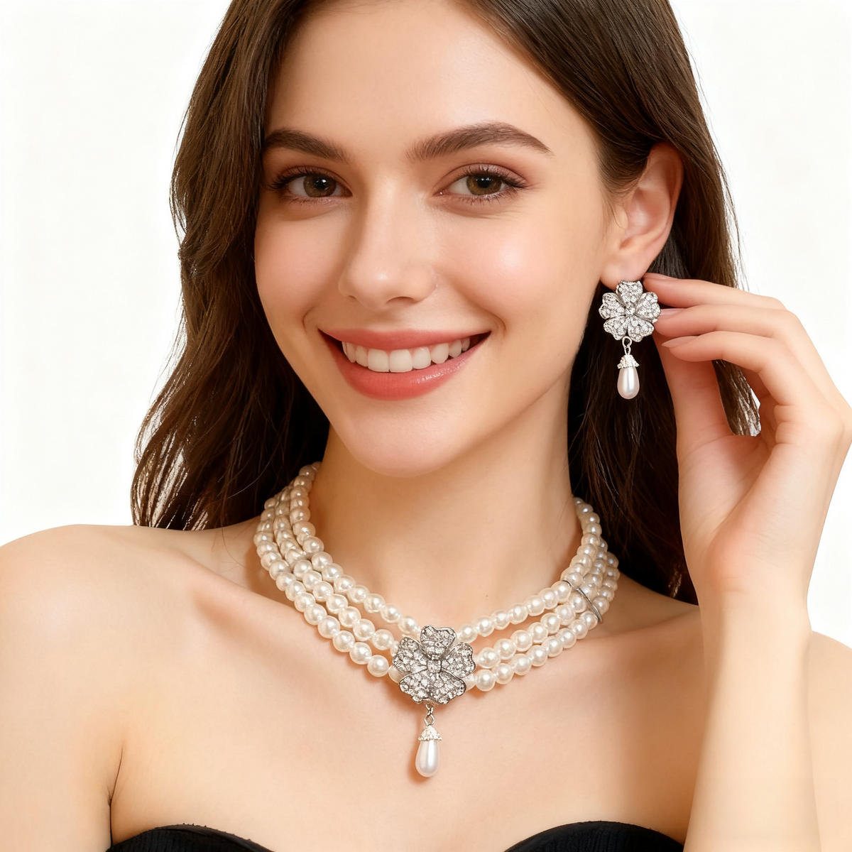 Meerlaagse bloem ketting oorbelset met diamant en parel