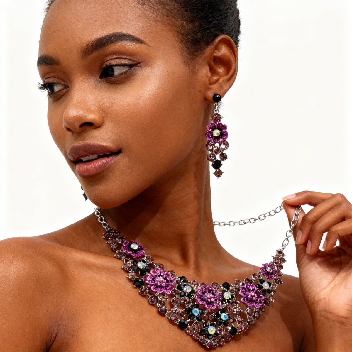 Paarse bloem ketting oorbelset met kristal