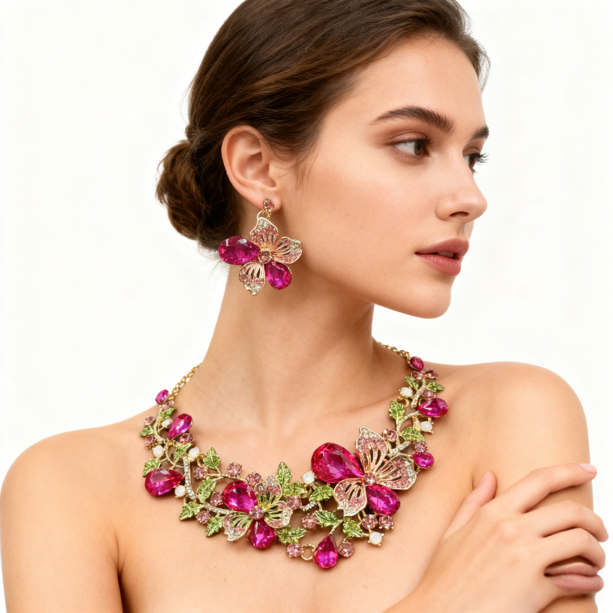Bloem ketting oorbelset met kristal en cluster