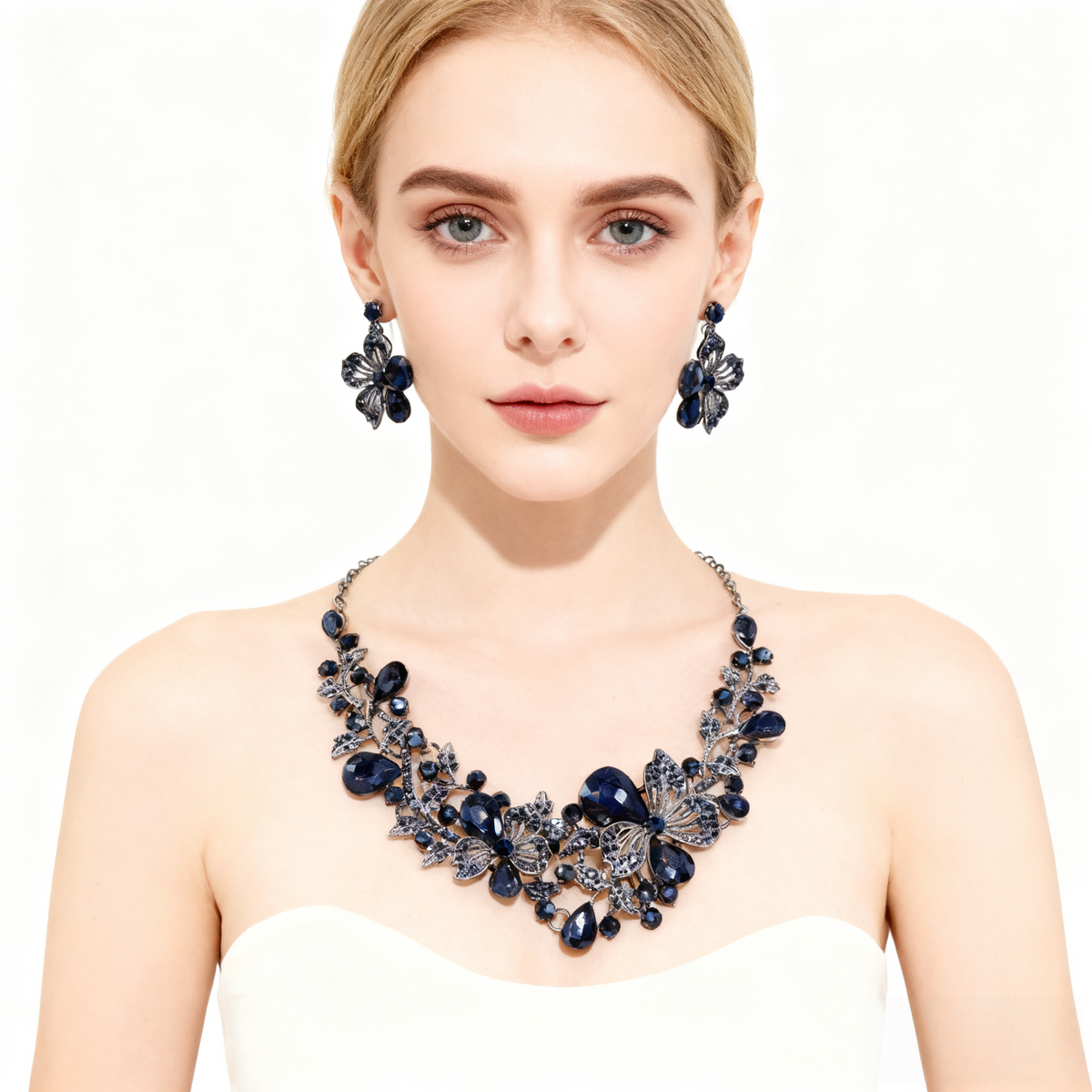 Bloem ketting oorbelset met kristal en cluster