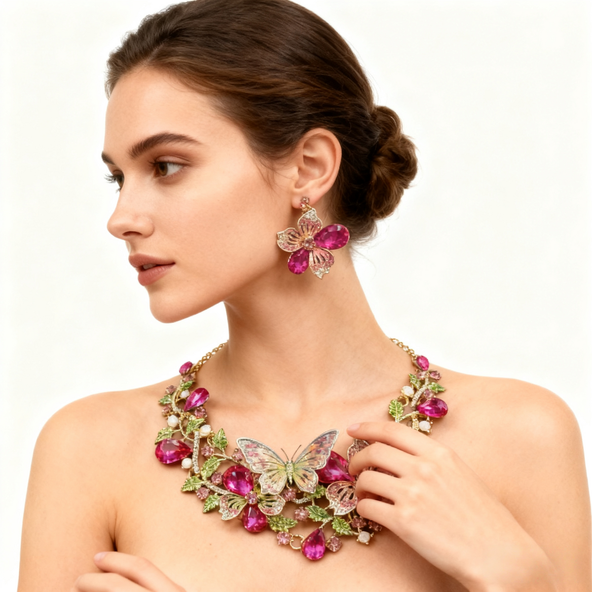 Bloem ketting oorbelset met kristal en cluster