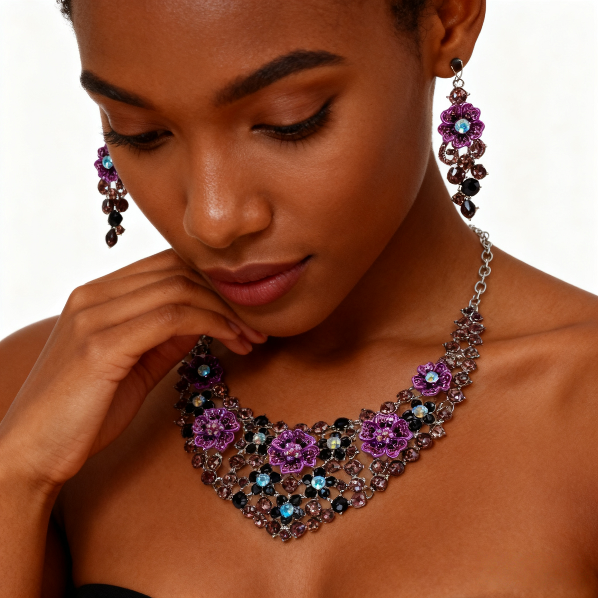 Paarse bloem ketting oorbelset met kristal