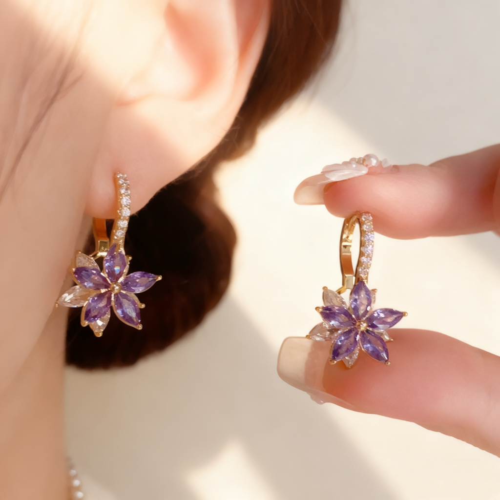 Dubbellaagse bloemoorbellen met amethist en diamant