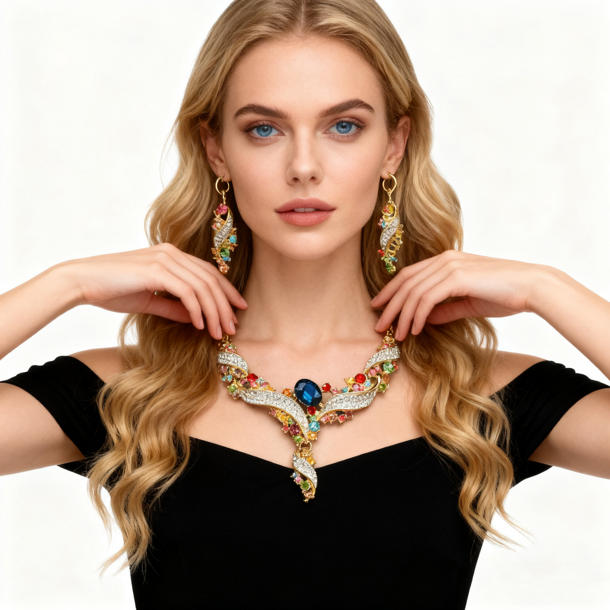 Meerkleurige ketting oorbelset met aquamarijn en kristal