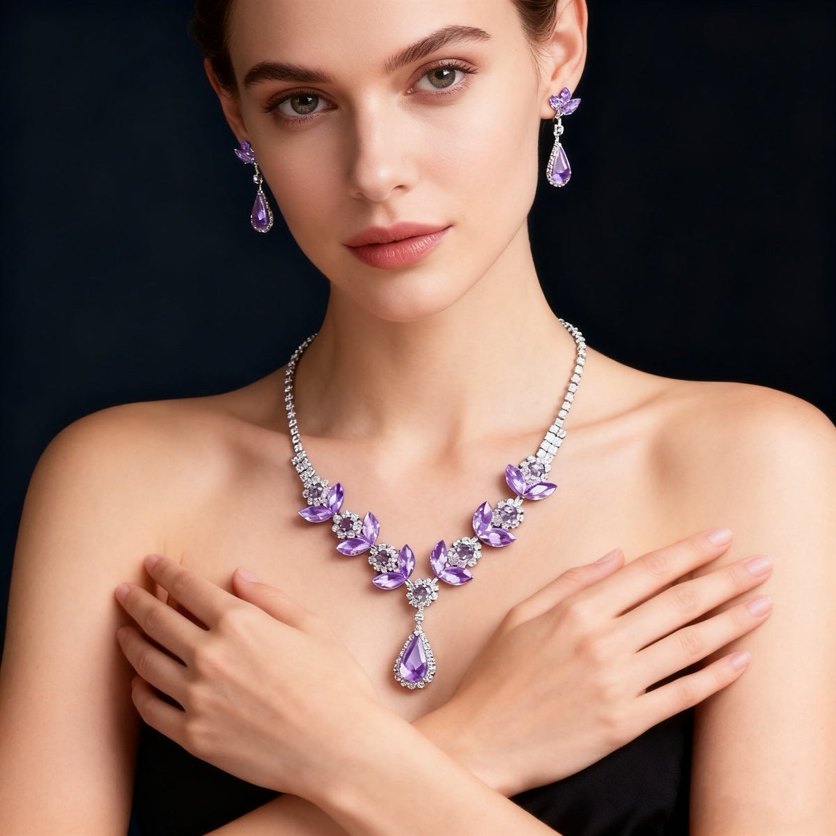 Druppel bloem ketting oorbelset met amethist