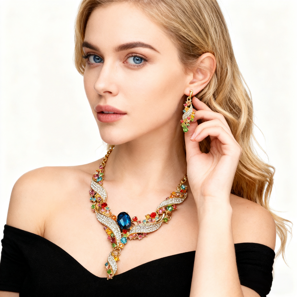Meerkleurige ketting oorbelset met aquamarijn en kristal