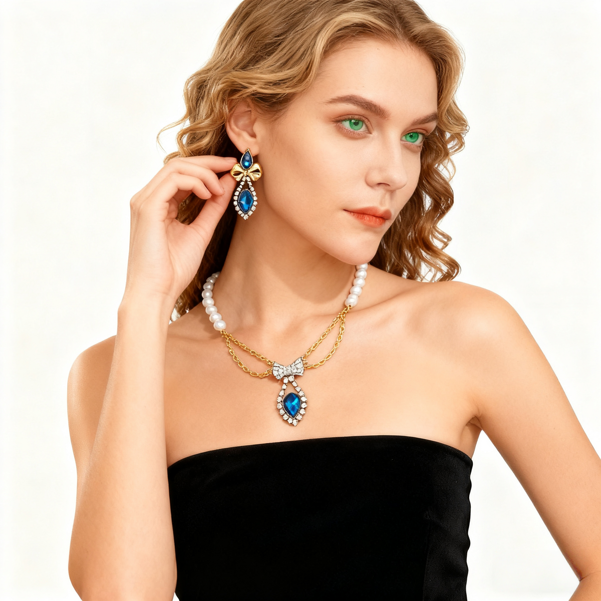 Druppel ketting oorbelset met aquamarijn en parel