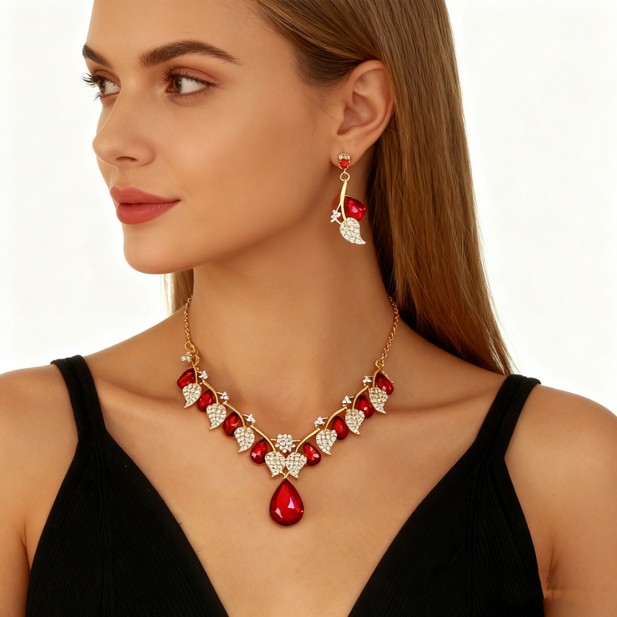 Rode ketting oorbelset met kristal en diamant