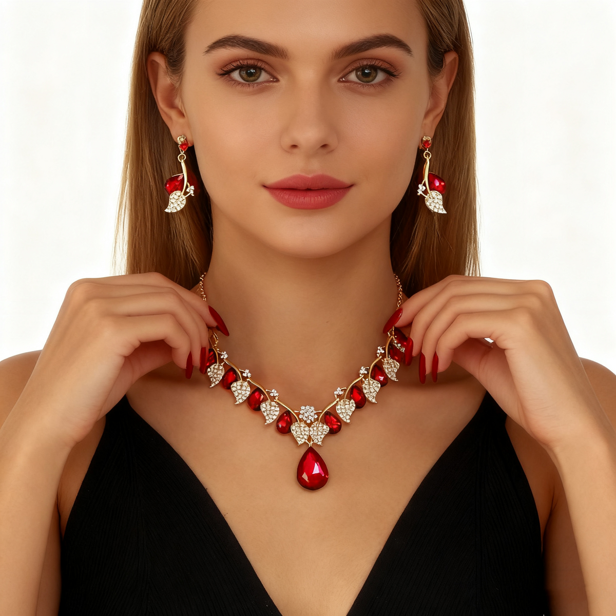 Rode ketting oorbelset met kristal en diamant
