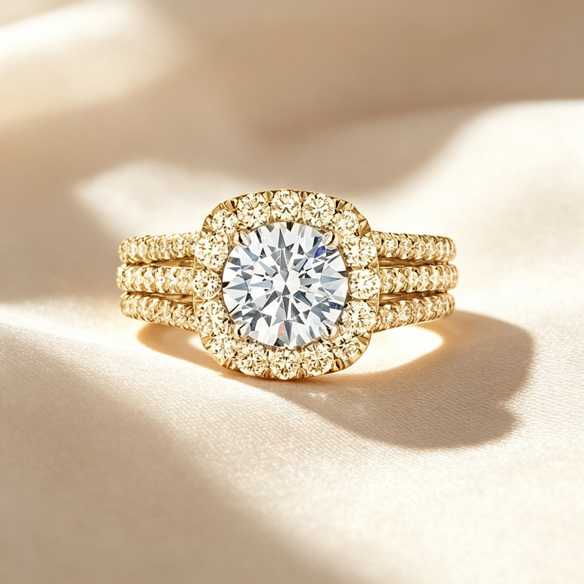 Drievoudige pavé ring met halo