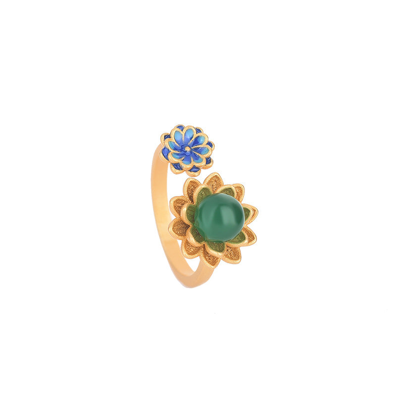 Natuurlijke lotus steenring met smaragd en jade