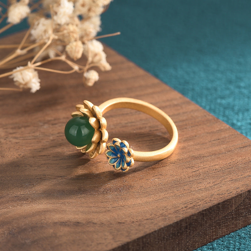 Natuurlijke lotus steenring met smaragd en jade
