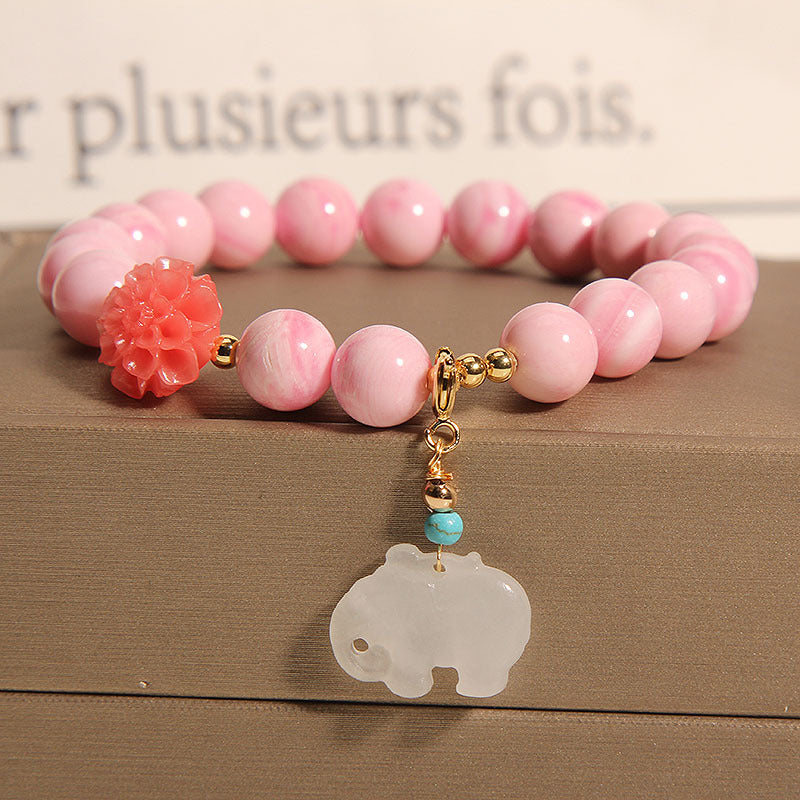 Roze natuurlijke diepe zee kralen steenarmband met schelp, smaragd en jade