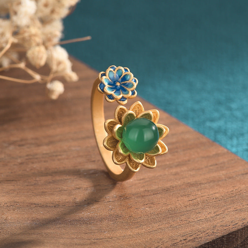 Natuurlijke lotus steenring met smaragd en jade