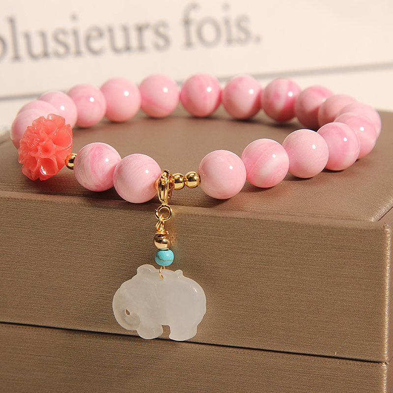 Roze natuurlijke diepe zee kralen steenarmband met schelp, smaragd en jade