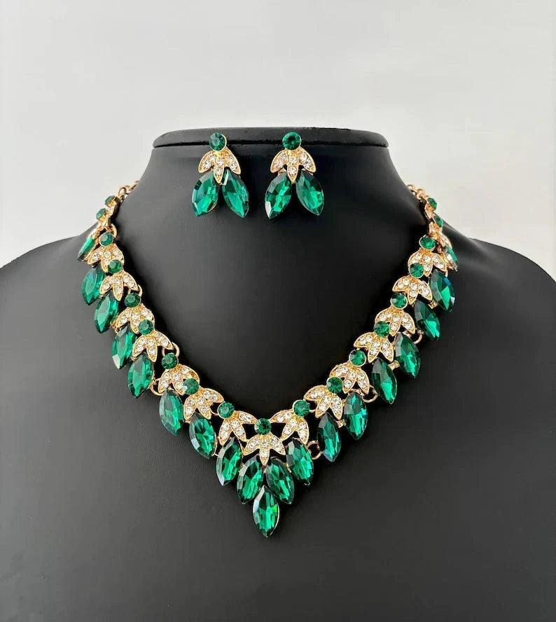 Blad ketting oorbellenset met kristal