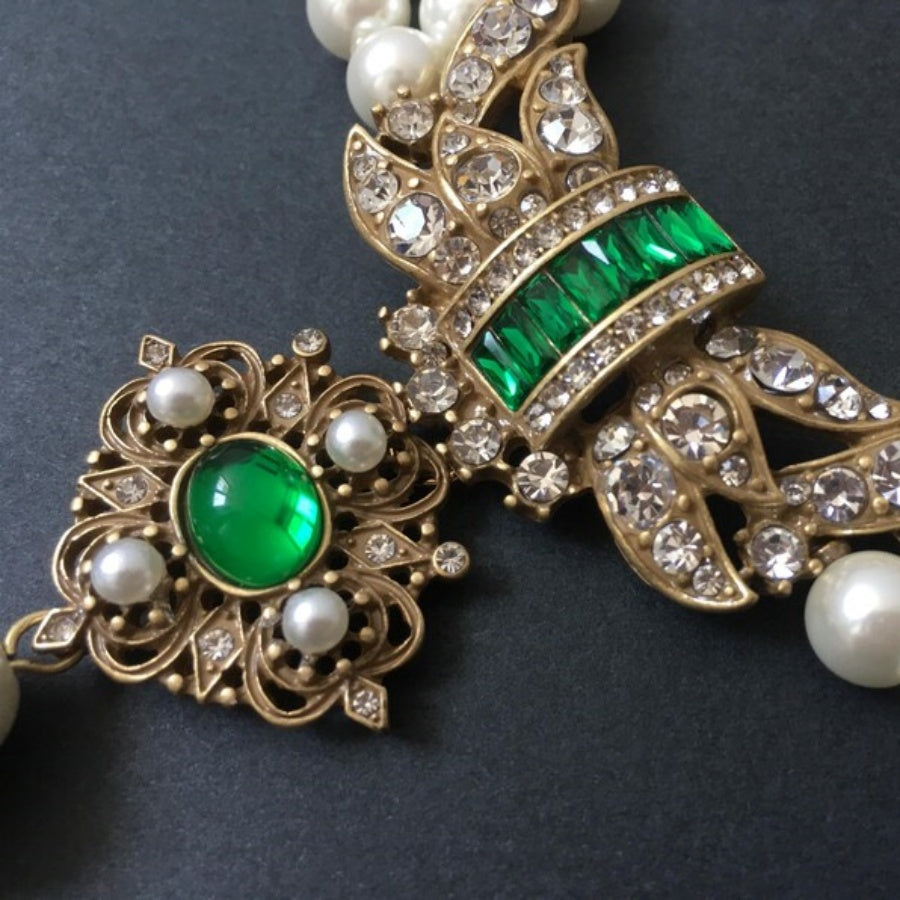 Groene vintage ketting oorbellenset met agaat en parel