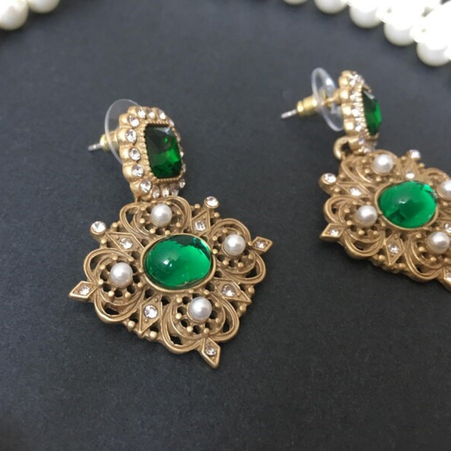 Groene vintage ketting oorbellenset met agaat en parel