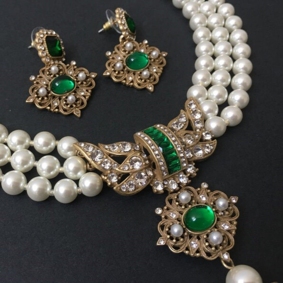 Groene vintage ketting oorbellenset met agaat en parel