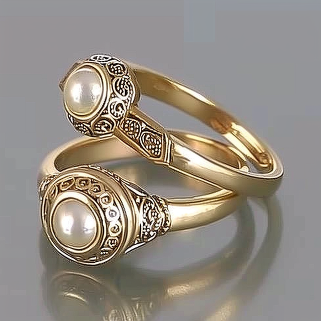Vintage ingelegde gouden ringset met parel