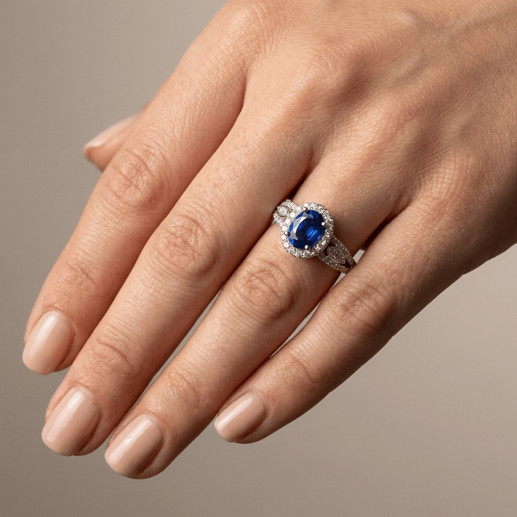 Vintage saffierring met halo