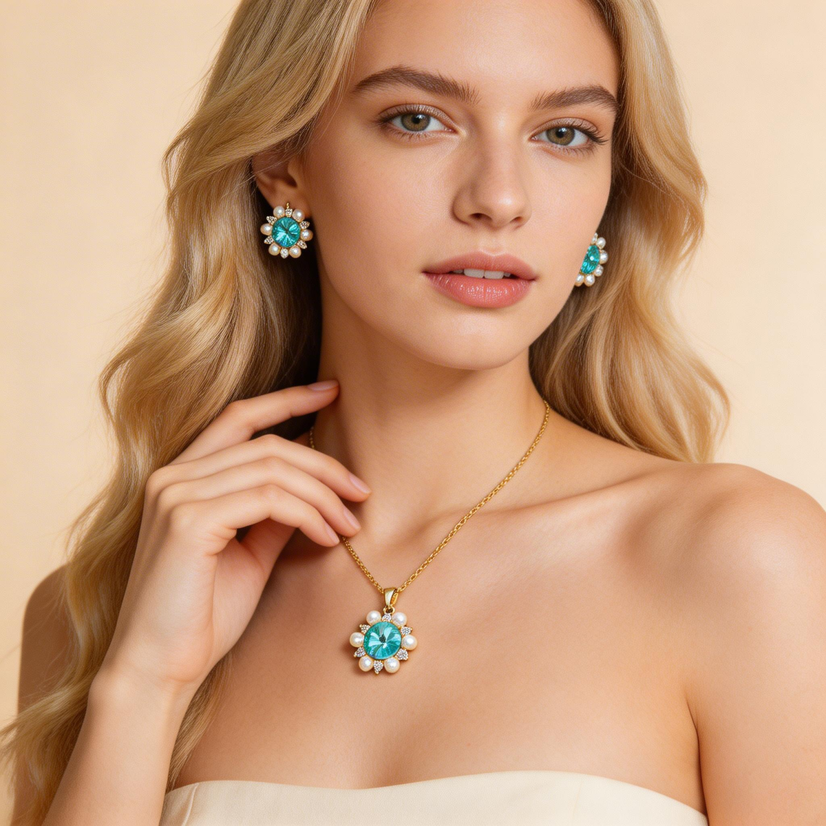 Elegante zonnebloem sieraadset met aquamarijn